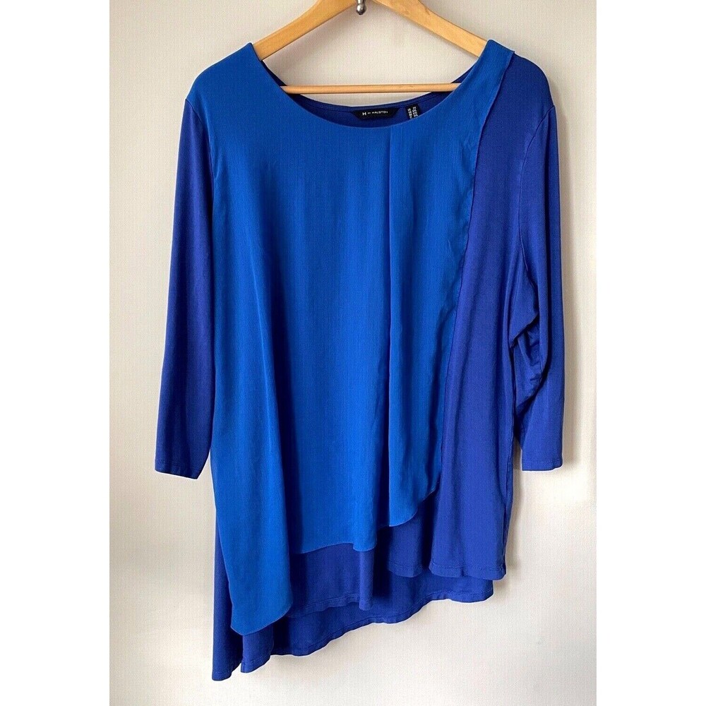 H by Halston Scoop Neck Top Size 2X Chiffon Drape Azure Blue Asymmetrical Hem
